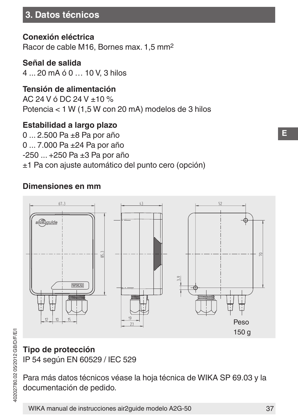 Datos técnicos | WIKA A2G-50 User Manual | Page 37 / 52