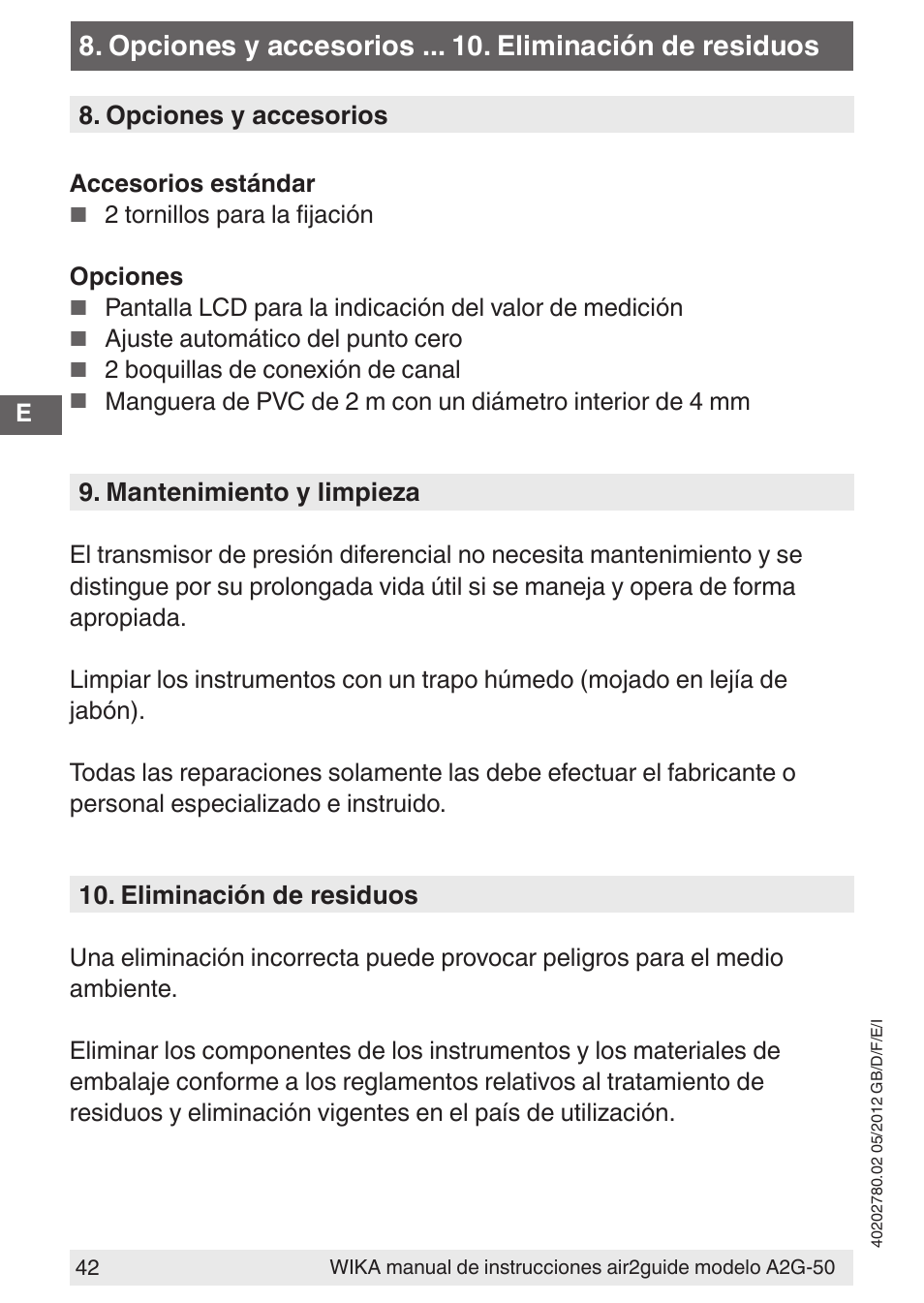 Opciones y accesorios . eliminación de residuos | WIKA A2G-50 User Manual | Page 42 / 52