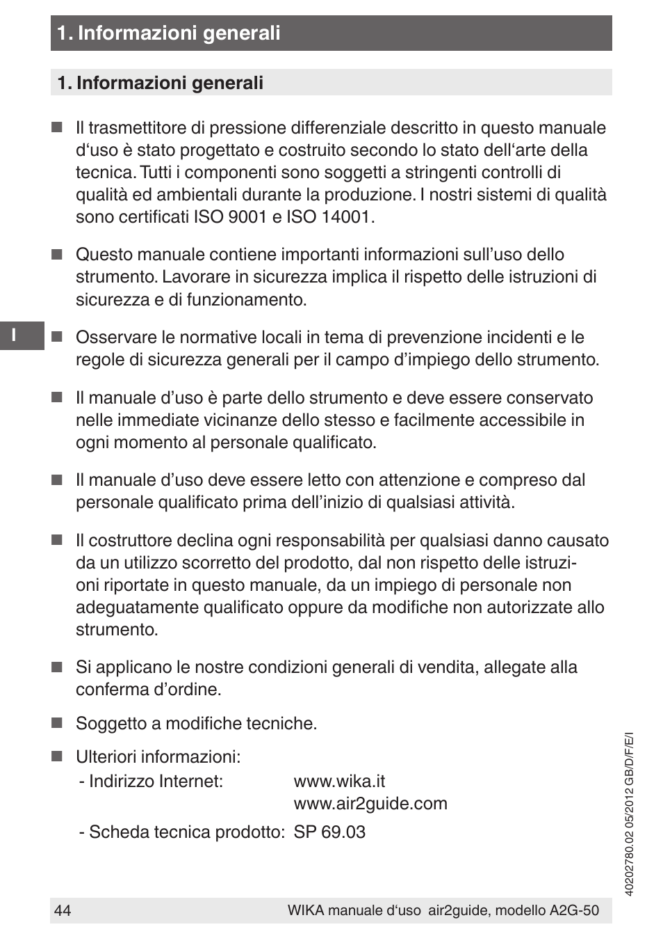 Informazioni generali | WIKA A2G-50 User Manual | Page 44 / 52