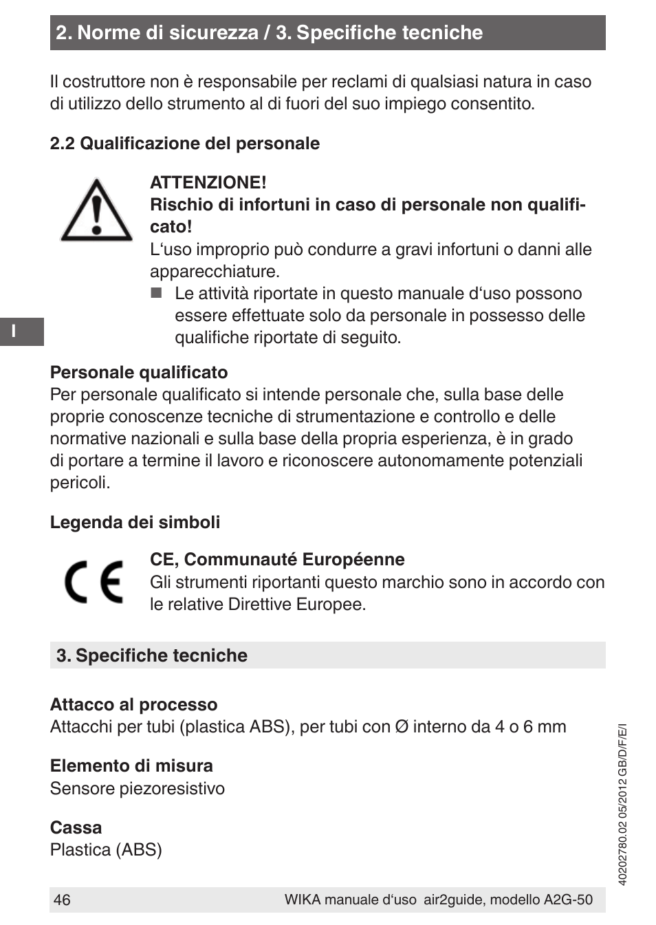 Norme di sicurezza / 3. specifiche tecniche | WIKA A2G-50 User Manual | Page 46 / 52