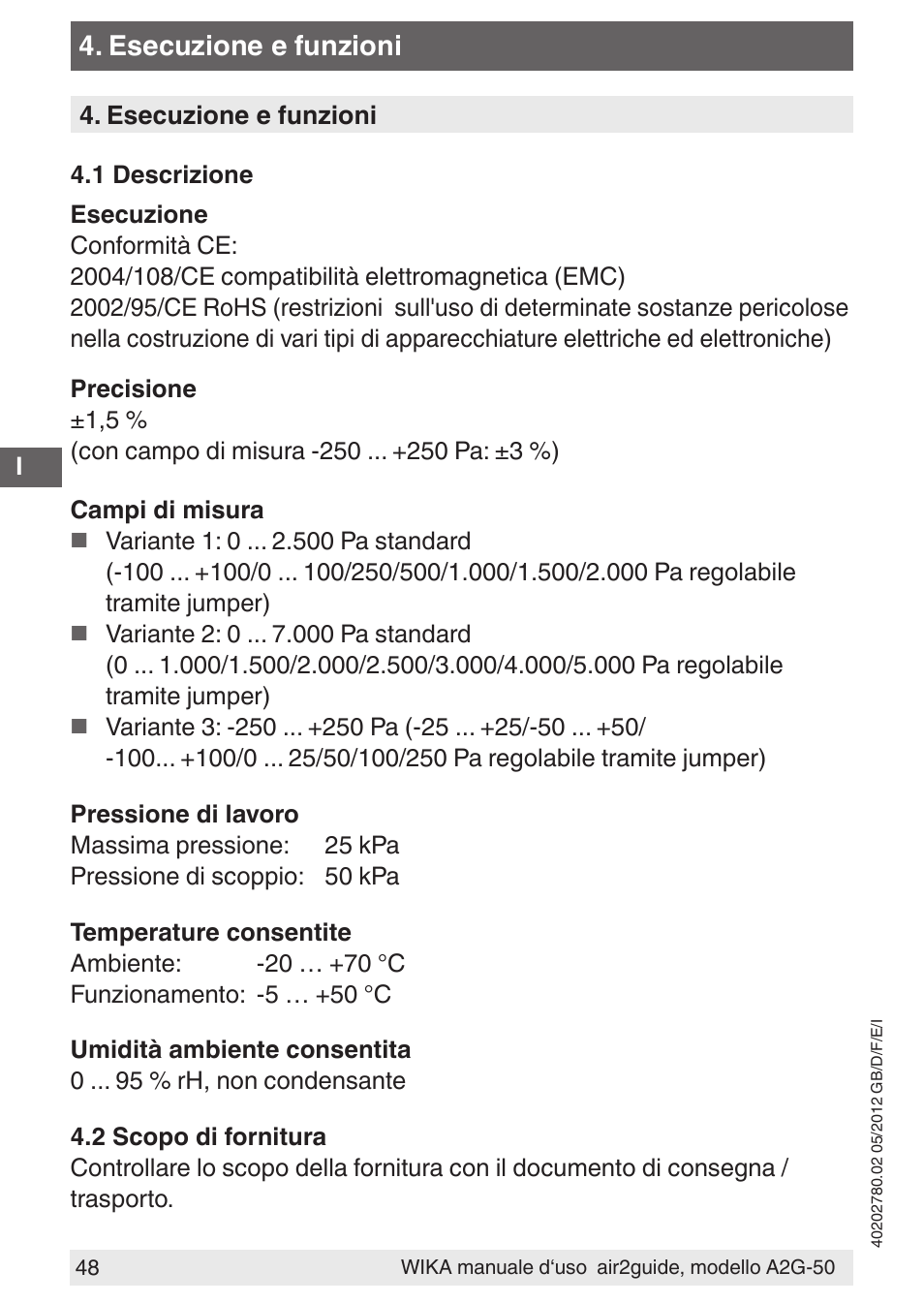 Esecuzione e funzioni | WIKA A2G-50 User Manual | Page 48 / 52