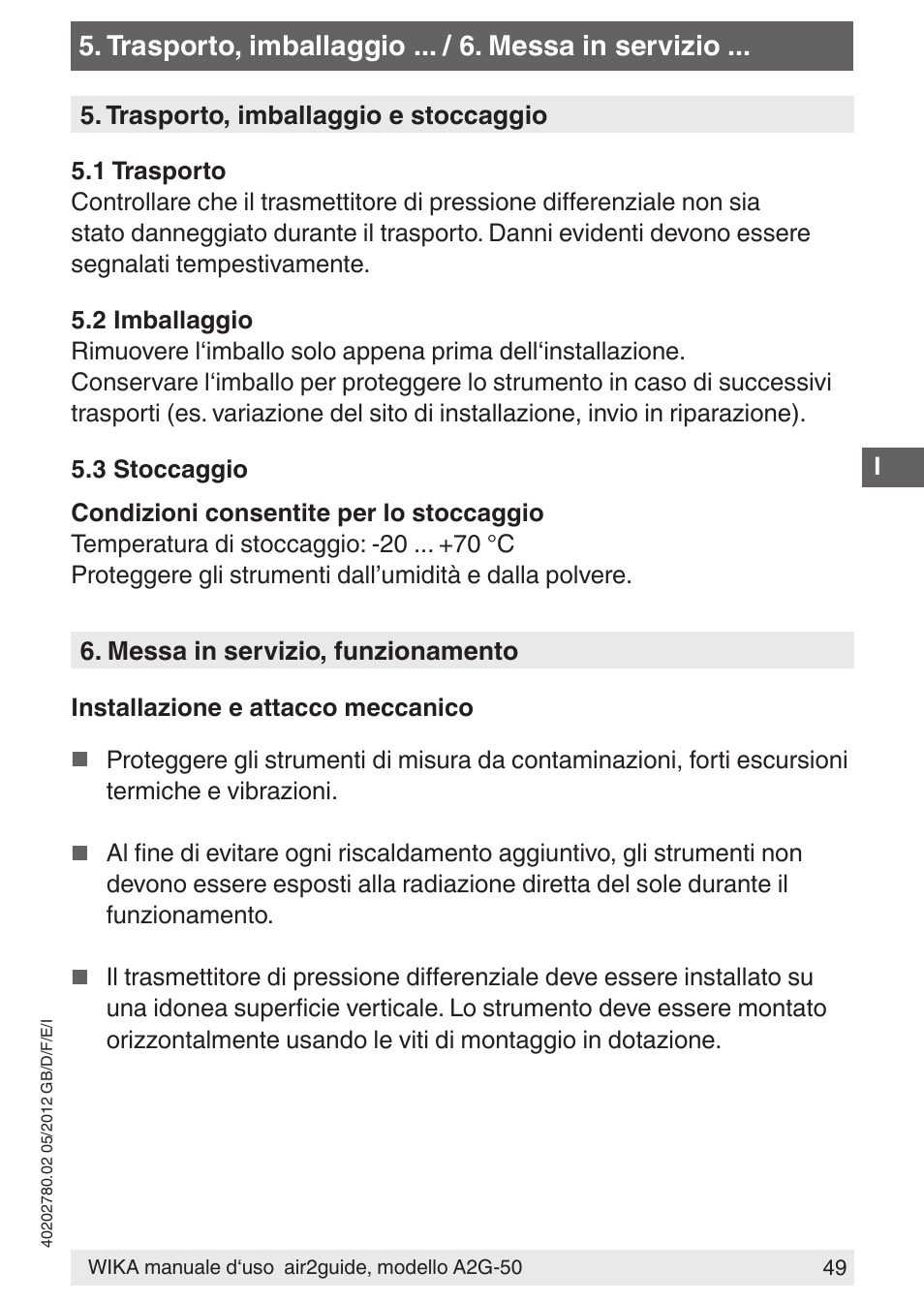 Trasporto, imballaggio ... / 6. messa in servizio | WIKA A2G-50 User Manual | Page 49 / 52