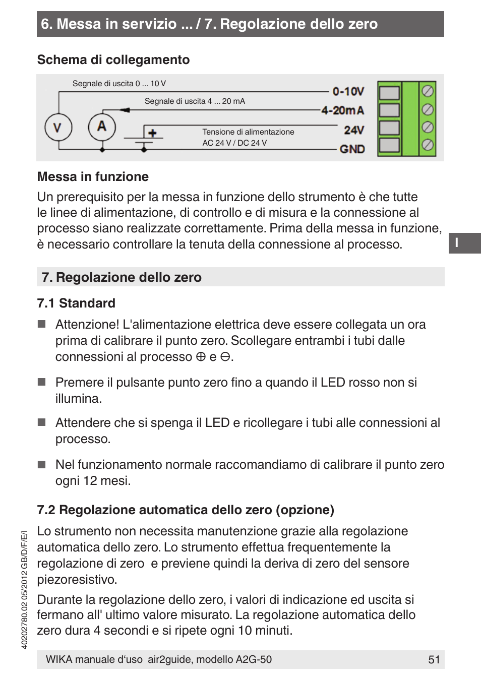 Messa in servizio ... / 7. regolazione dello zero | WIKA A2G-50 User Manual | Page 51 / 52