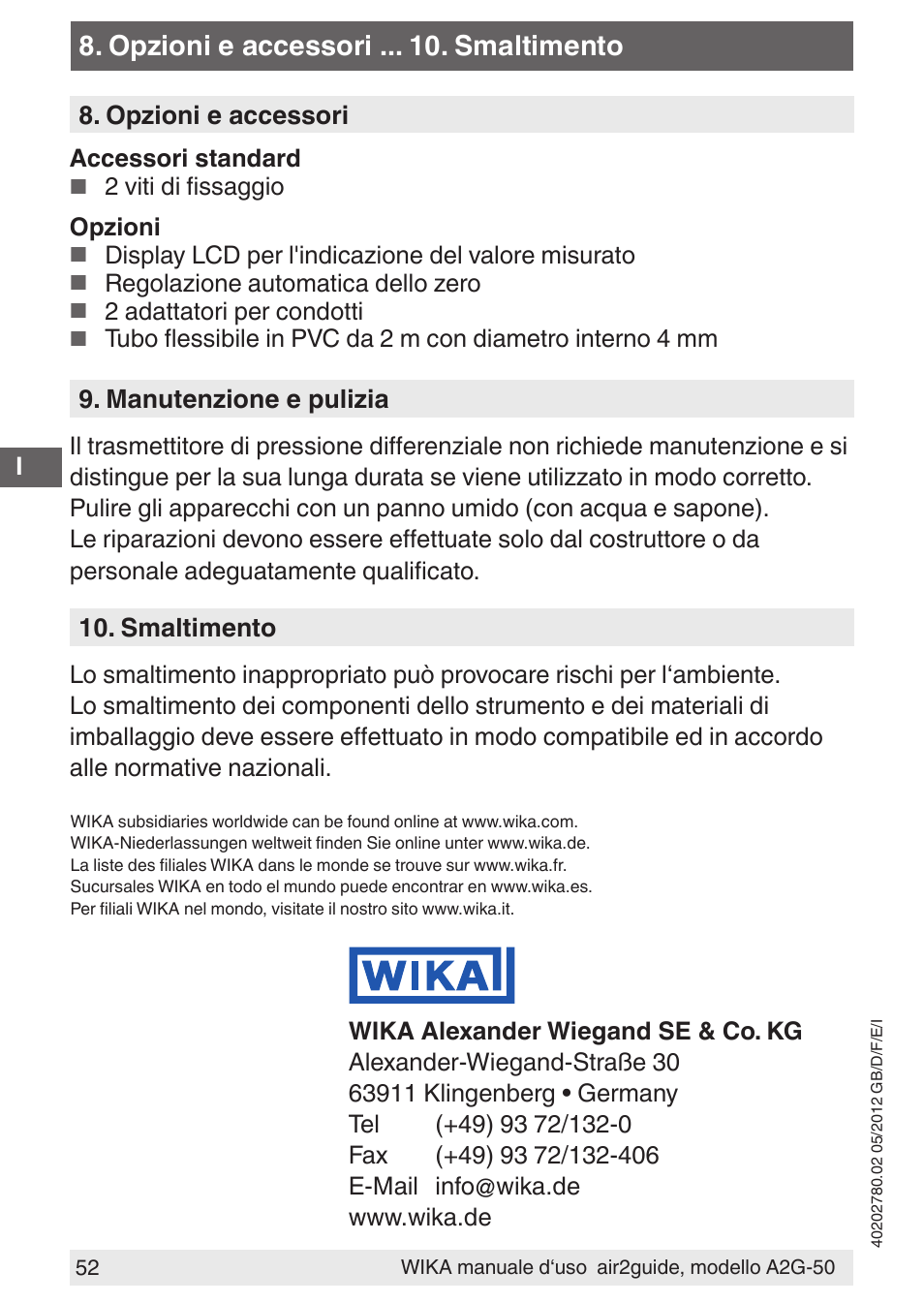 Opzioni e accessori . smaltimento | WIKA A2G-50 User Manual | Page 52 / 52