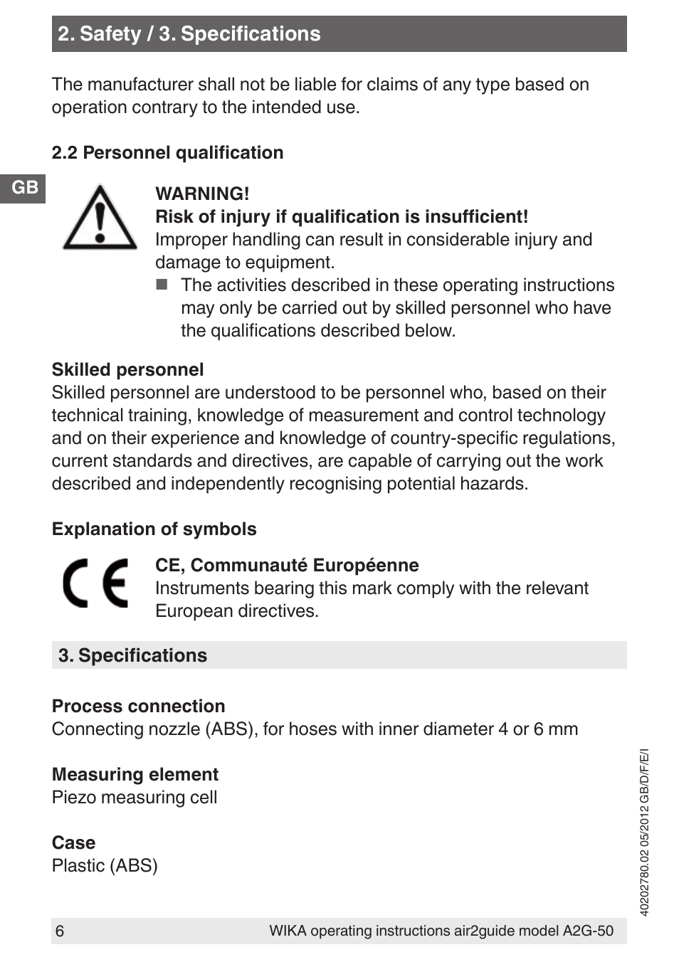 Safety / 3. specifications | WIKA A2G-50 User Manual | Page 6 / 52