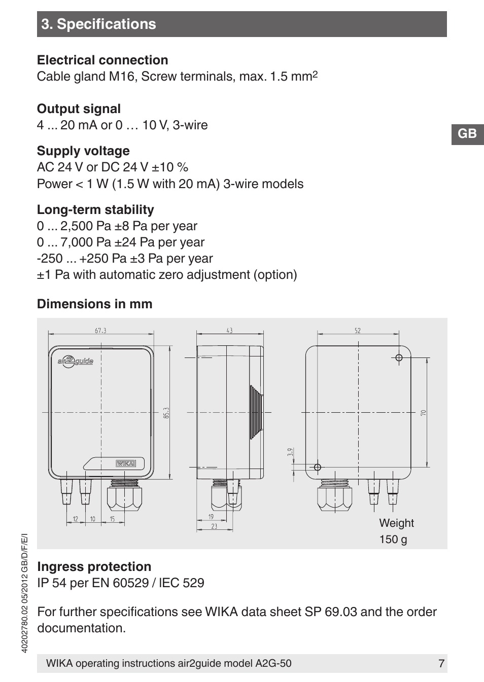 Specifications | WIKA A2G-50 User Manual | Page 7 / 52