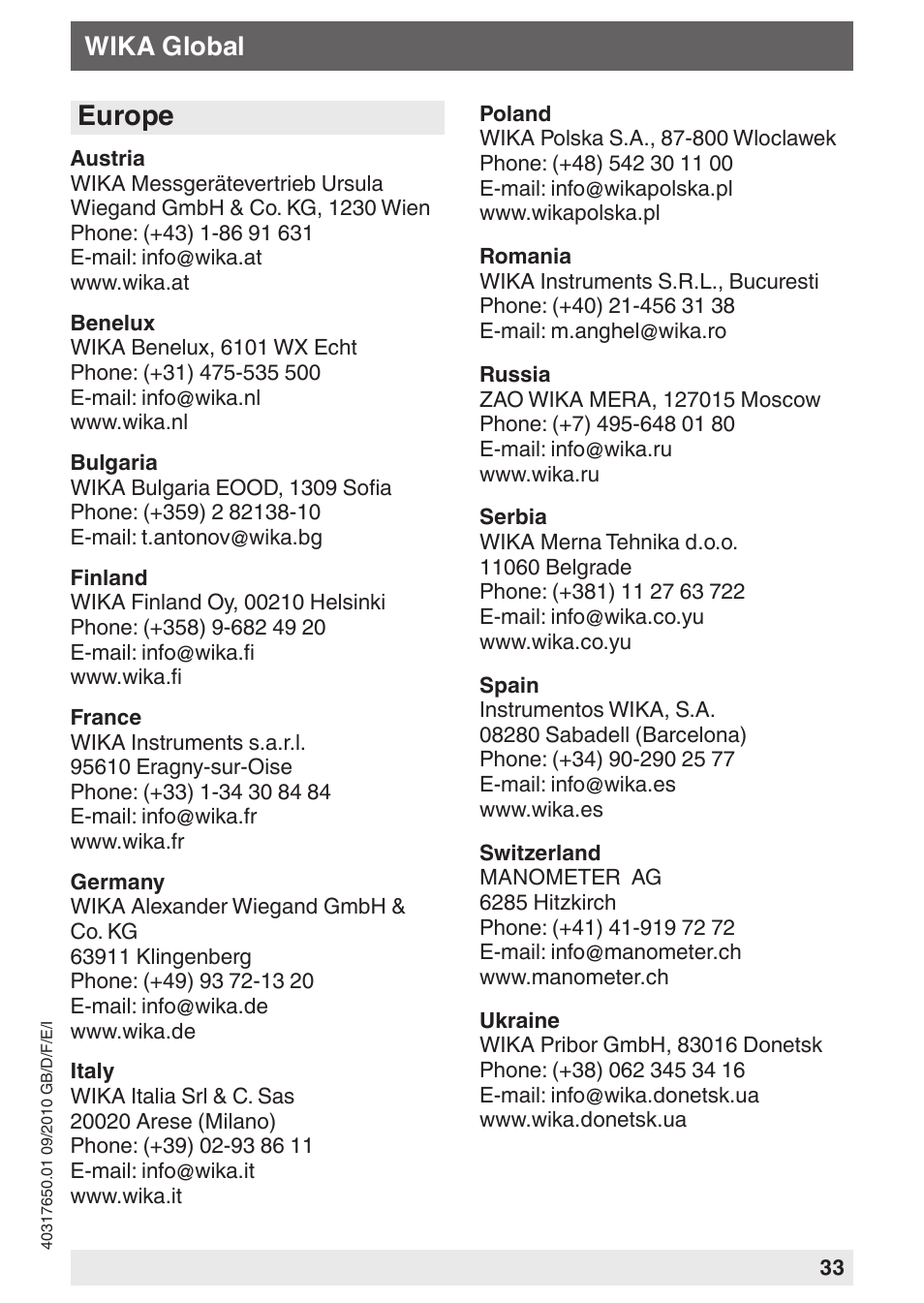 Europe, Wika global | WIKA A2G-55 User Manual | Page 33 / 36