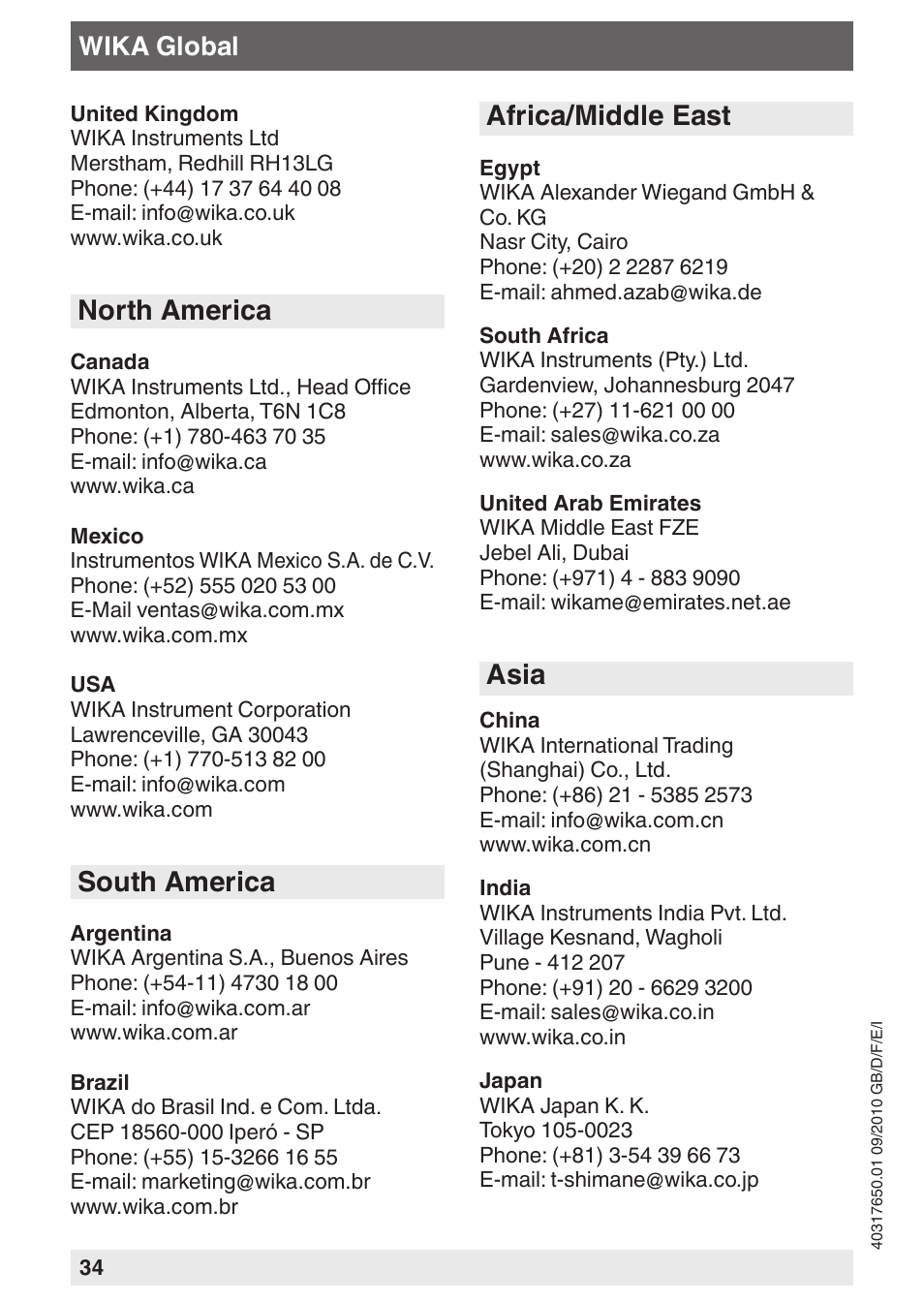 North america, South america, Africa/middle east | Asia, Wika global | WIKA A2G-55 User Manual | Page 34 / 36