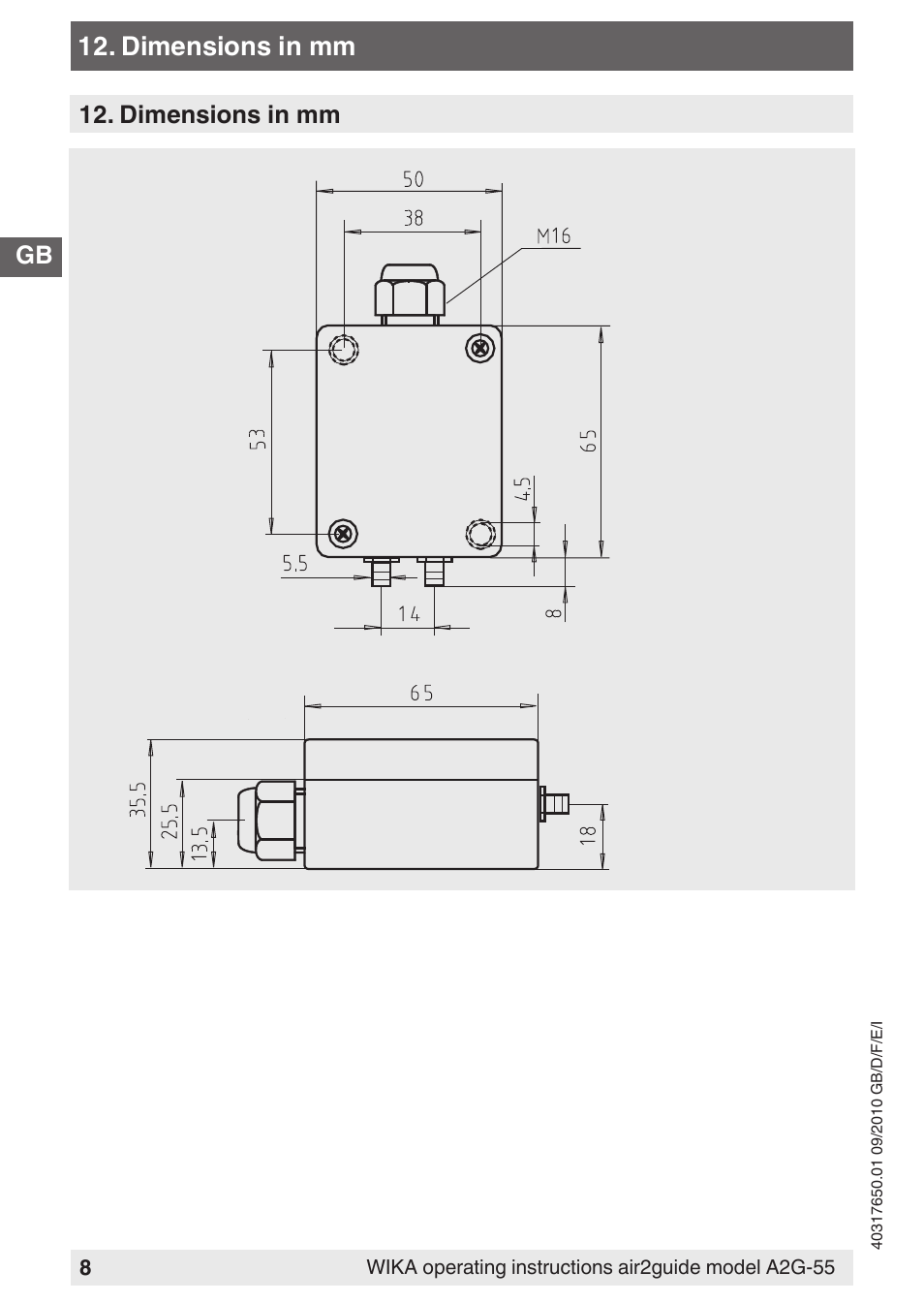 Dimensions in mm | WIKA A2G-55 User Manual | Page 8 / 36