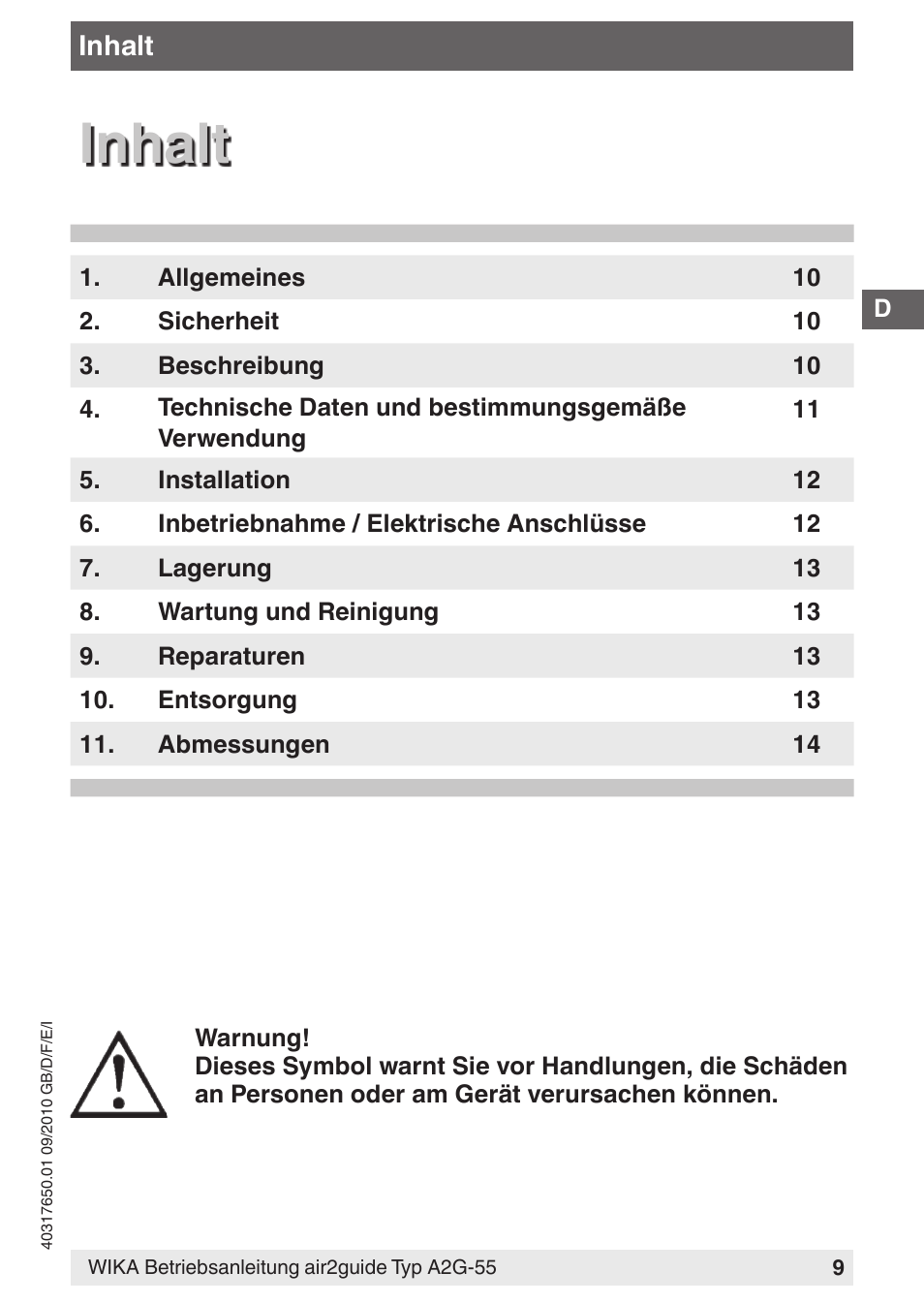 Inhalt | WIKA A2G-55 User Manual | Page 9 / 36