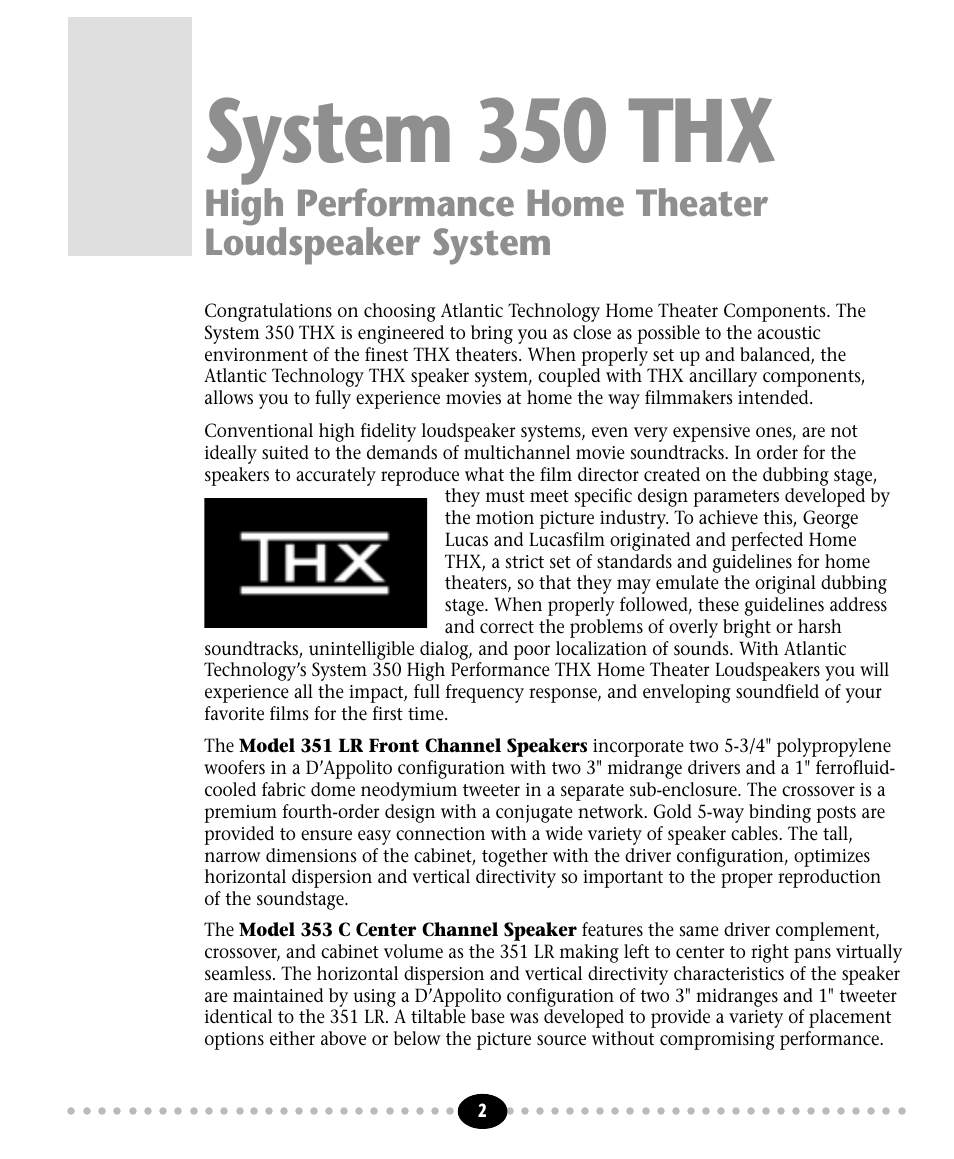 System 350 thx, High performance home theater loudspeaker system, Tlantic | Atlantic Technology 350 THX User Manual | Page 2 / 8