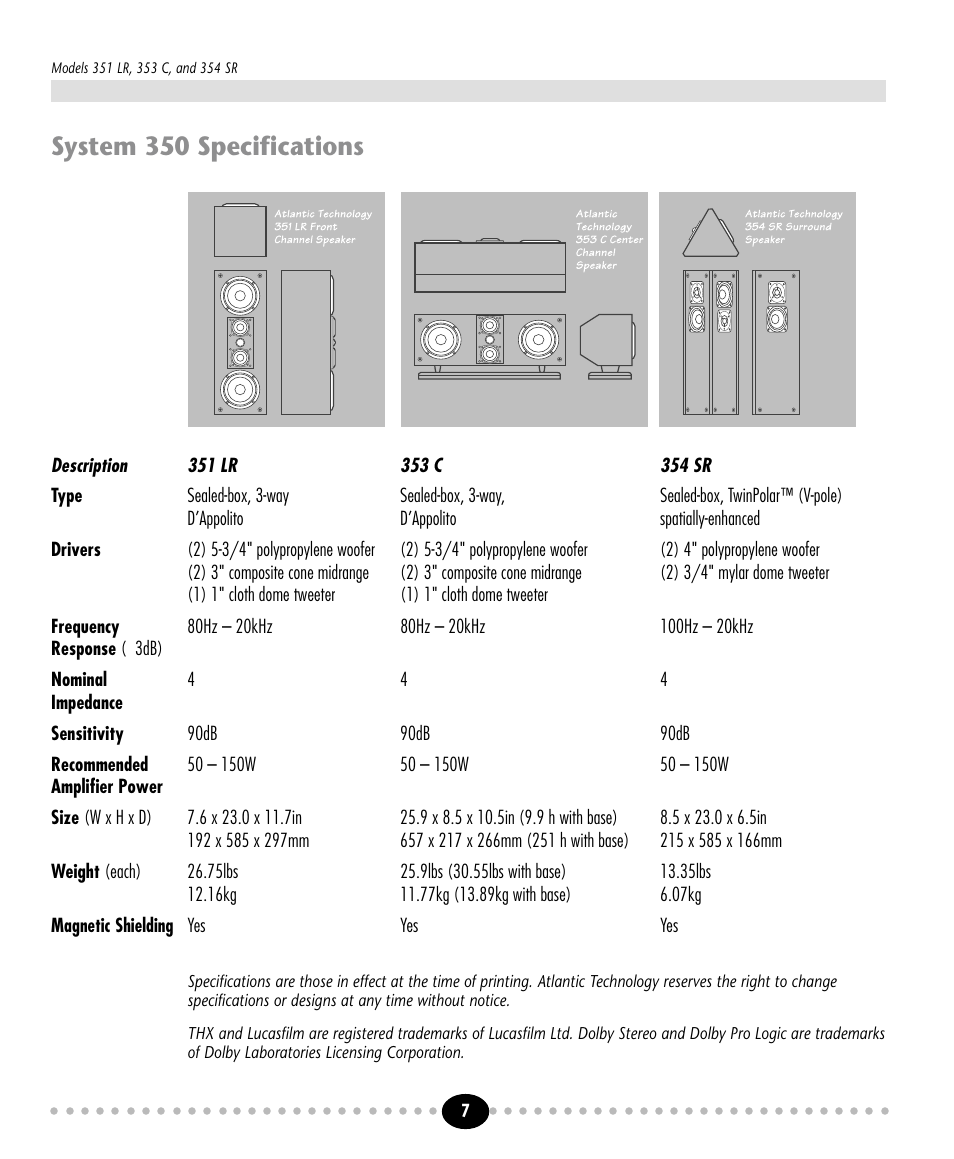 Tlantic, System 350 specifications | Atlantic Technology 350 THX User Manual | Page 7 / 8
