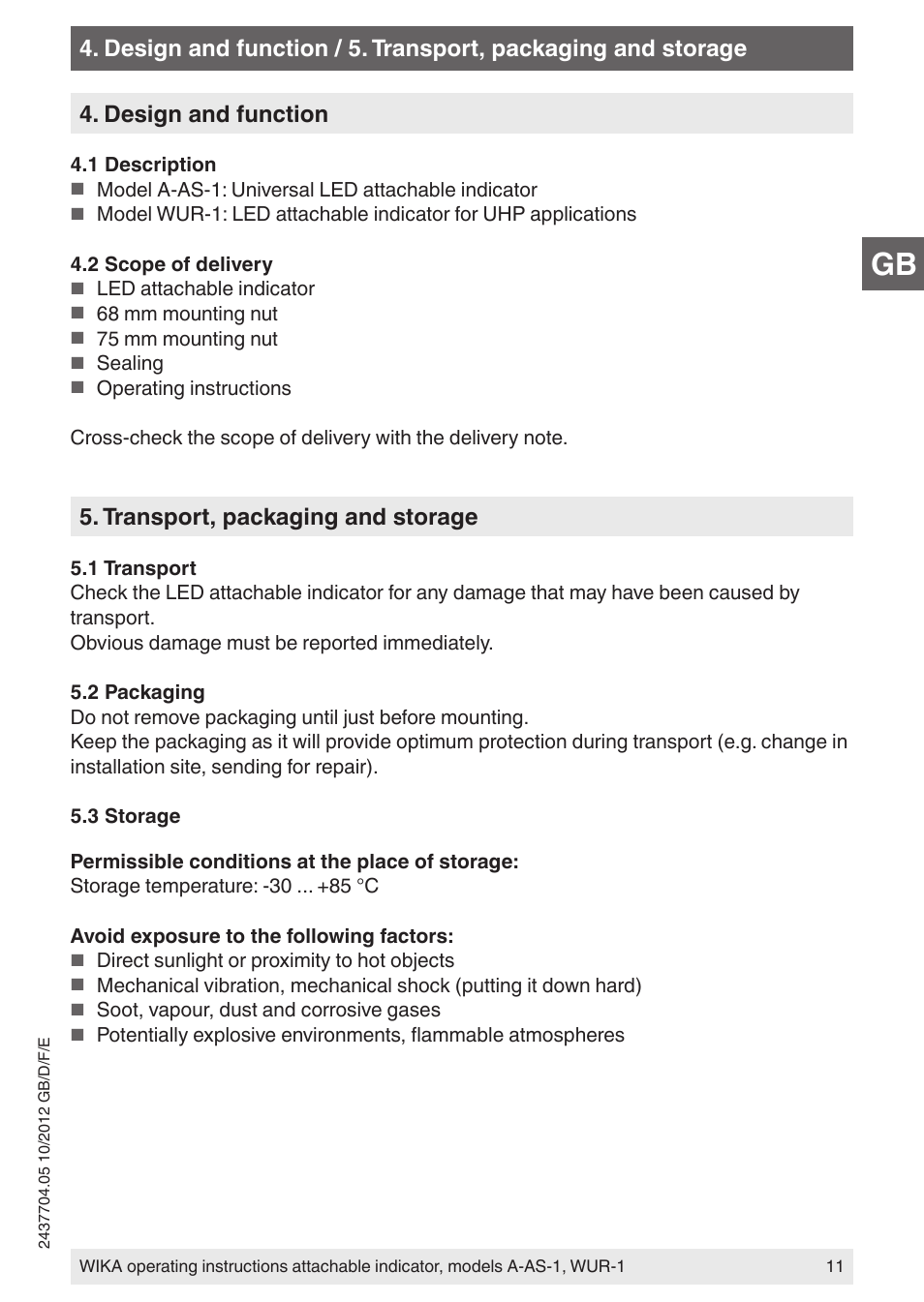 Transport, packaging and storage | WIKA WUR-1 User Manual | Page 11 / 84