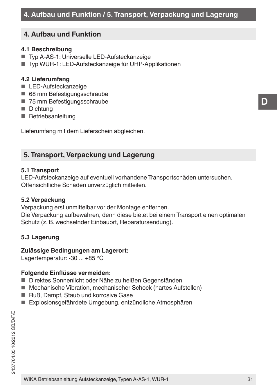 Transport, verpackung und lagerung | WIKA WUR-1 User Manual | Page 31 / 84