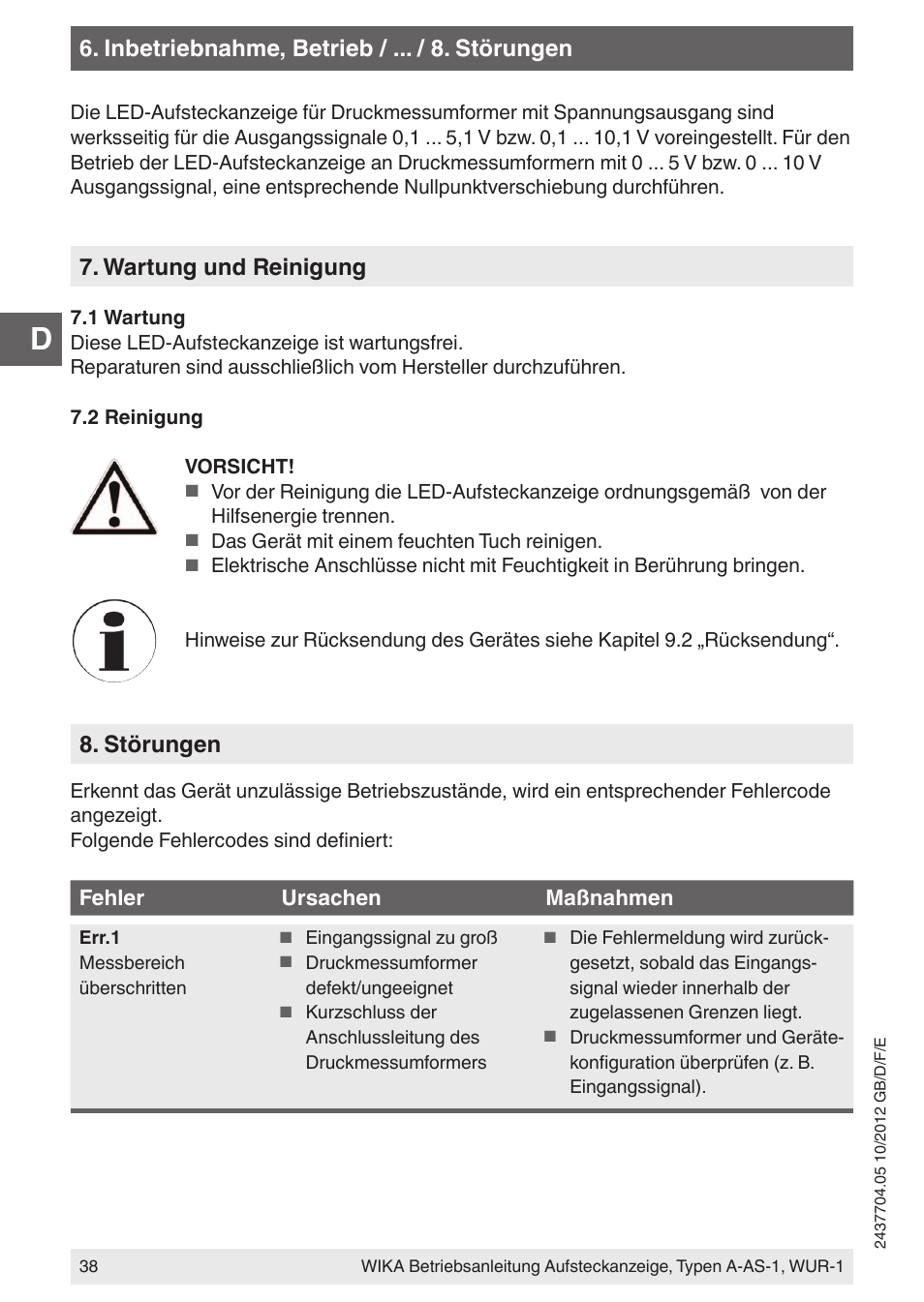 Inbetriebnahme, betrieb / ... / 8. störungen, Wartung und reinigung, Störungen | WIKA WUR-1 User Manual | Page 38 / 84