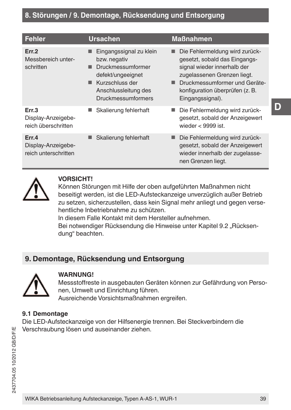 Demontage, rücksendung und entsorgung | WIKA WUR-1 User Manual | Page 39 / 84