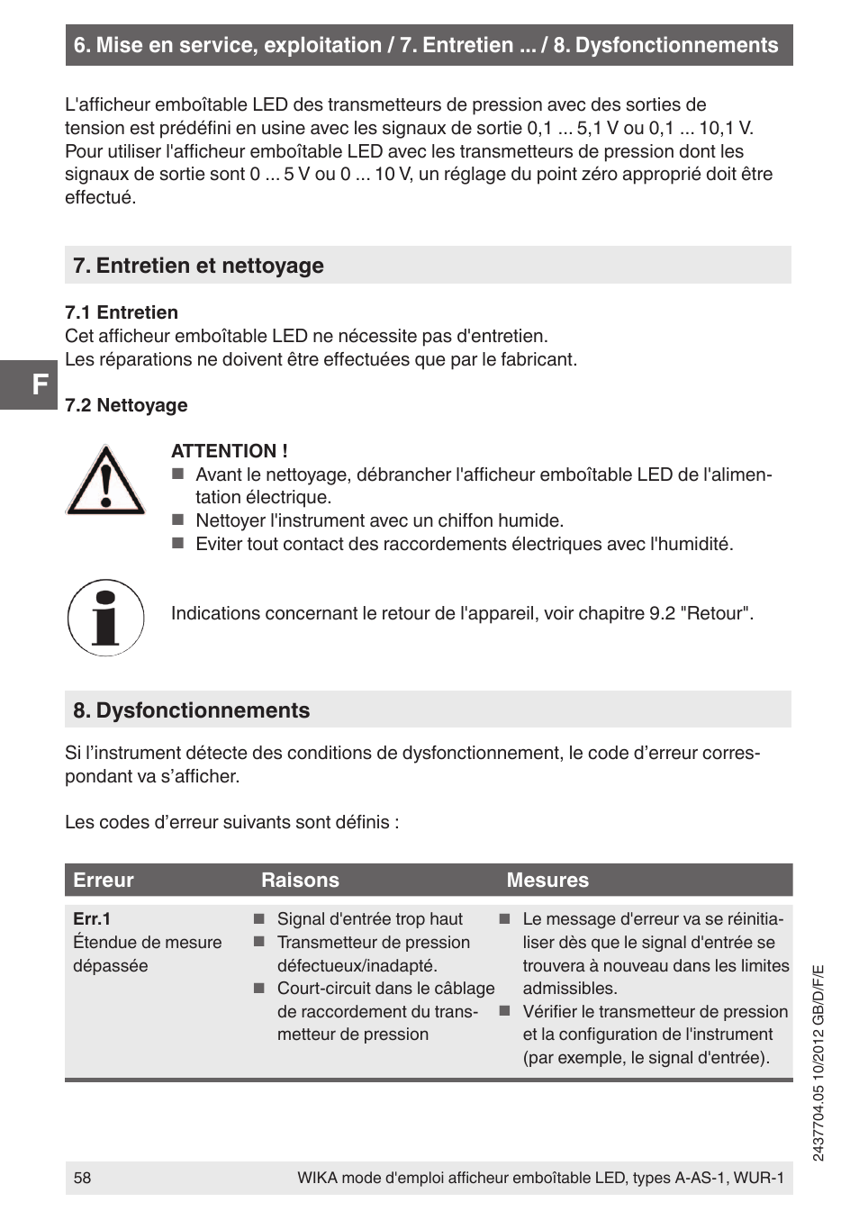 Entretien et nettoyage, Dysfonctionnements | WIKA WUR-1 User Manual | Page 58 / 84