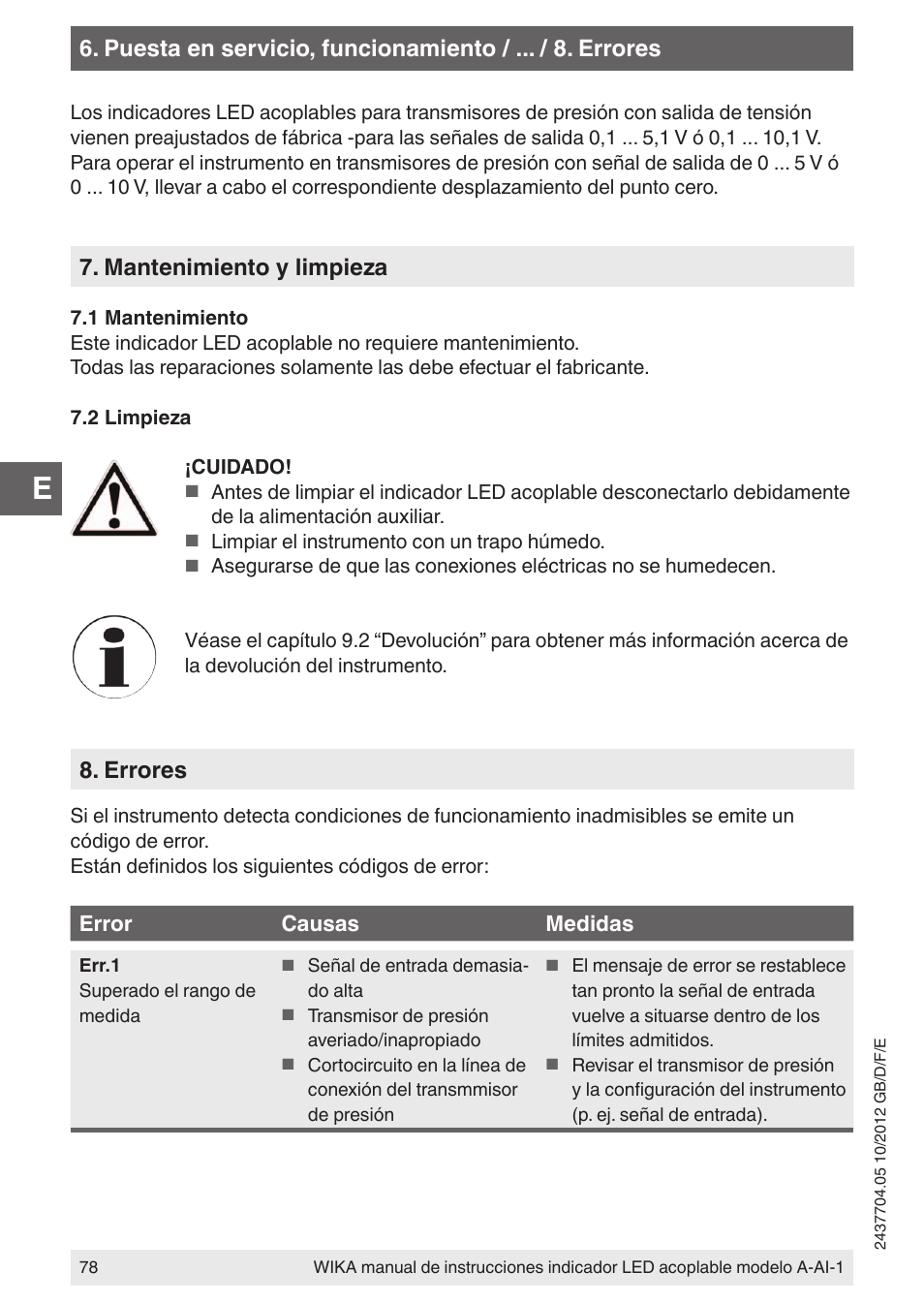 Mantenimiento y limpieza, Errores | WIKA WUR-1 User Manual | Page 78 / 84