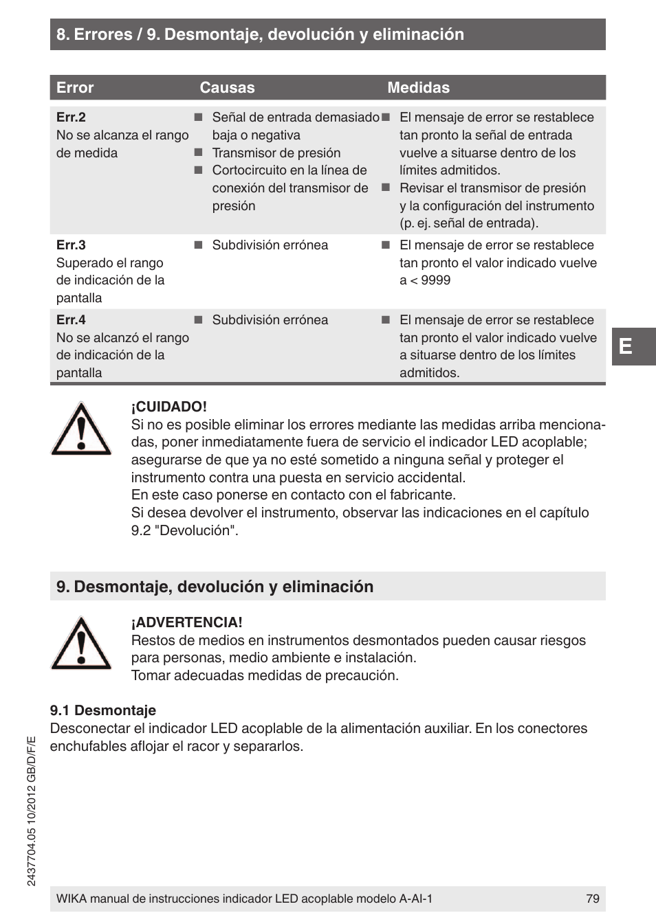 Errores / 9. desmontaje, devolución y eliminación, Desmontaje, devolución y eliminación | WIKA WUR-1 User Manual | Page 79 / 84