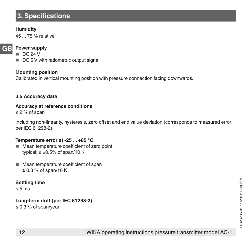 Specifications | WIKA AC-1 User Manual | Page 12 / 88