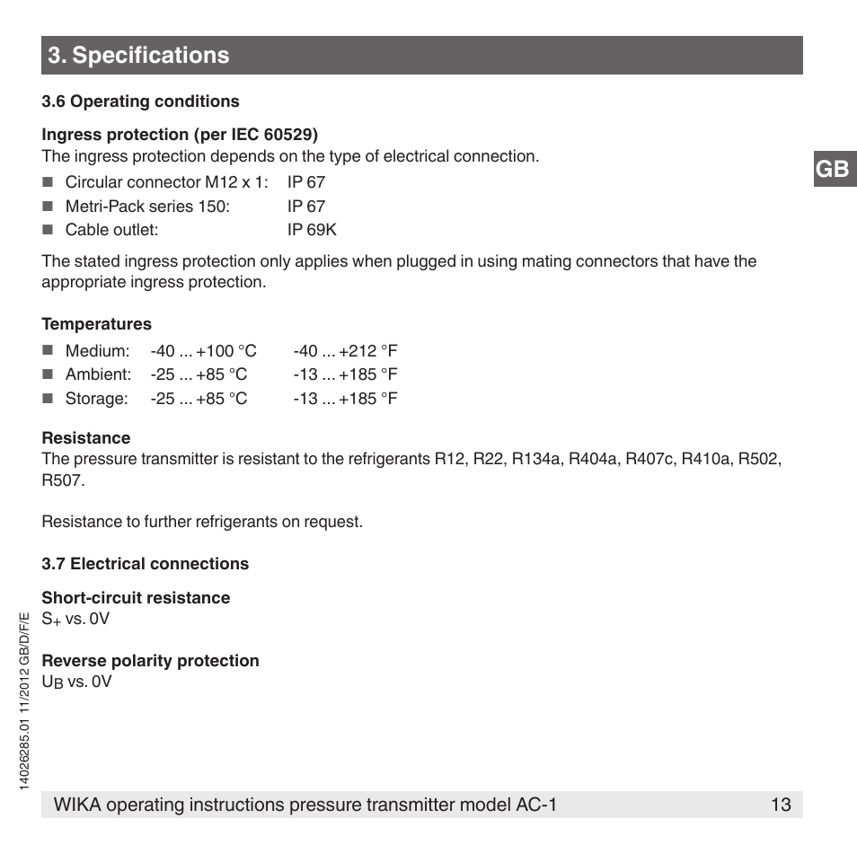 Specifications | WIKA AC-1 User Manual | Page 13 / 88