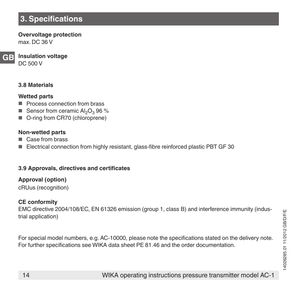 Specifications | WIKA AC-1 User Manual | Page 14 / 88