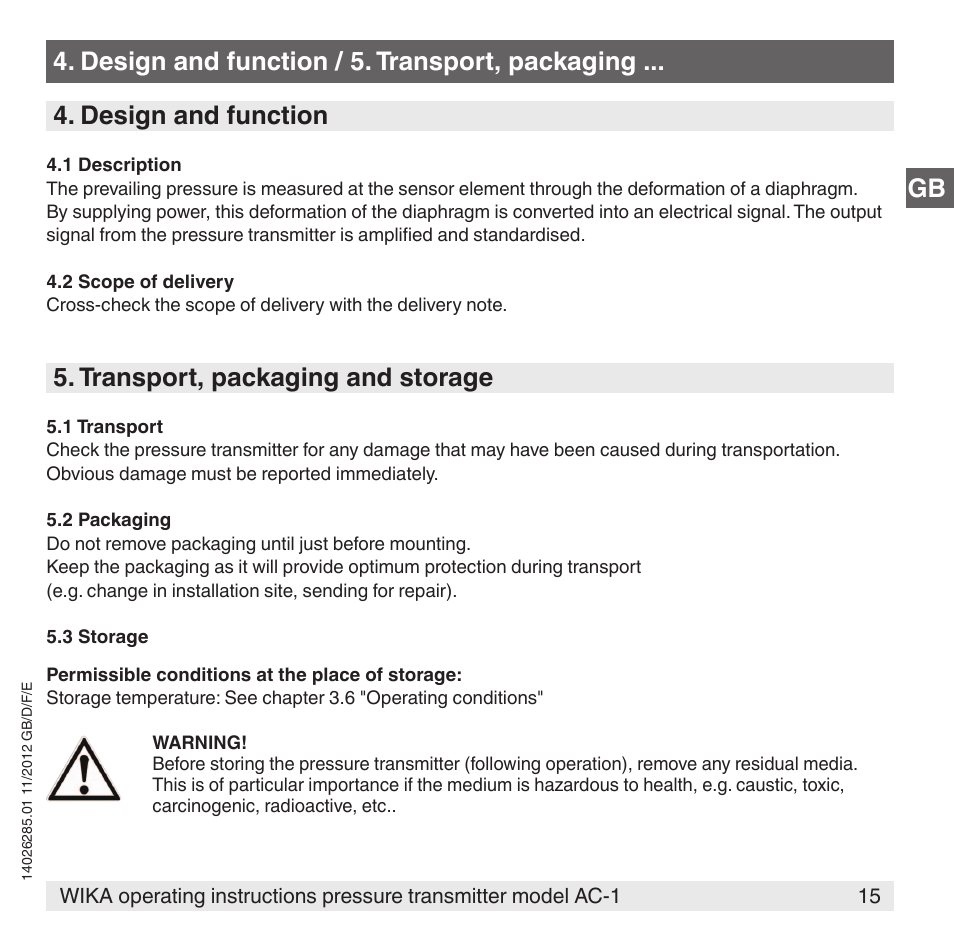 Transport, packaging and storage | WIKA AC-1 User Manual | Page 15 / 88
