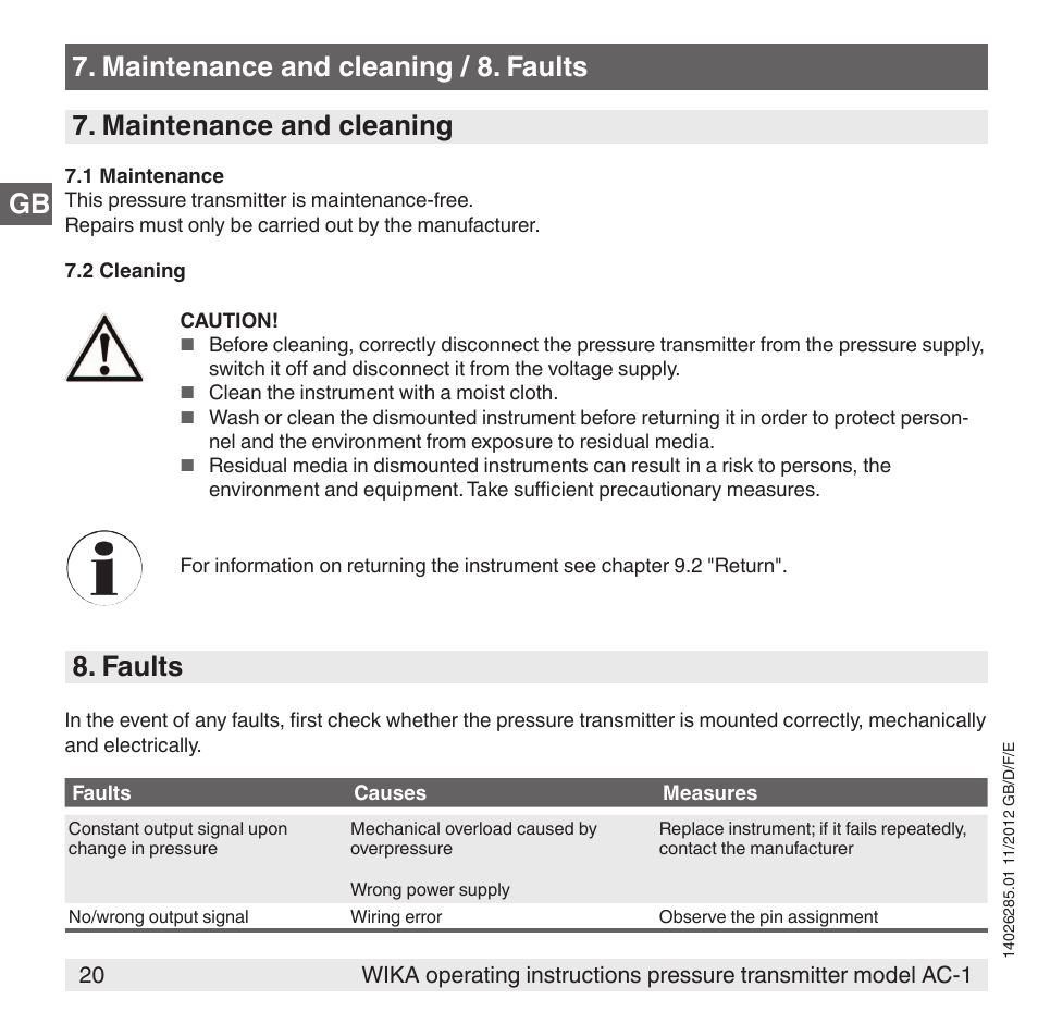 Faults | WIKA AC-1 User Manual | Page 20 / 88