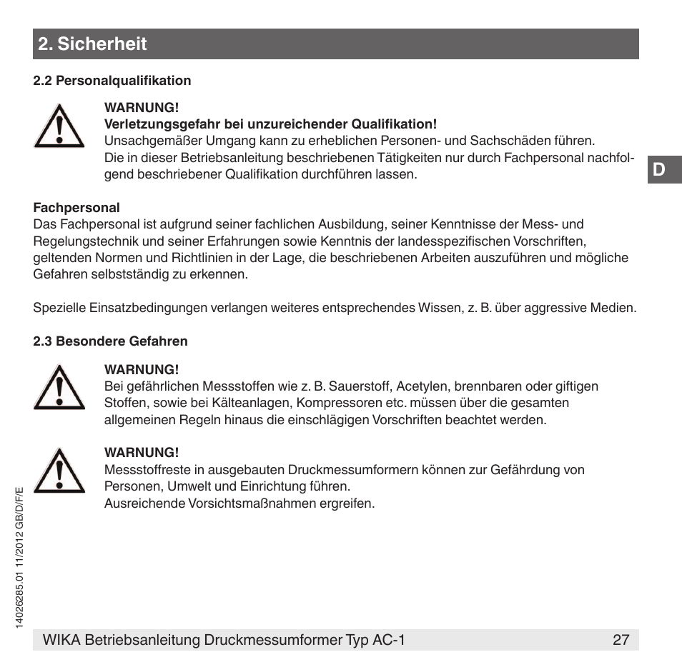 Sicherheit | WIKA AC-1 User Manual | Page 27 / 88