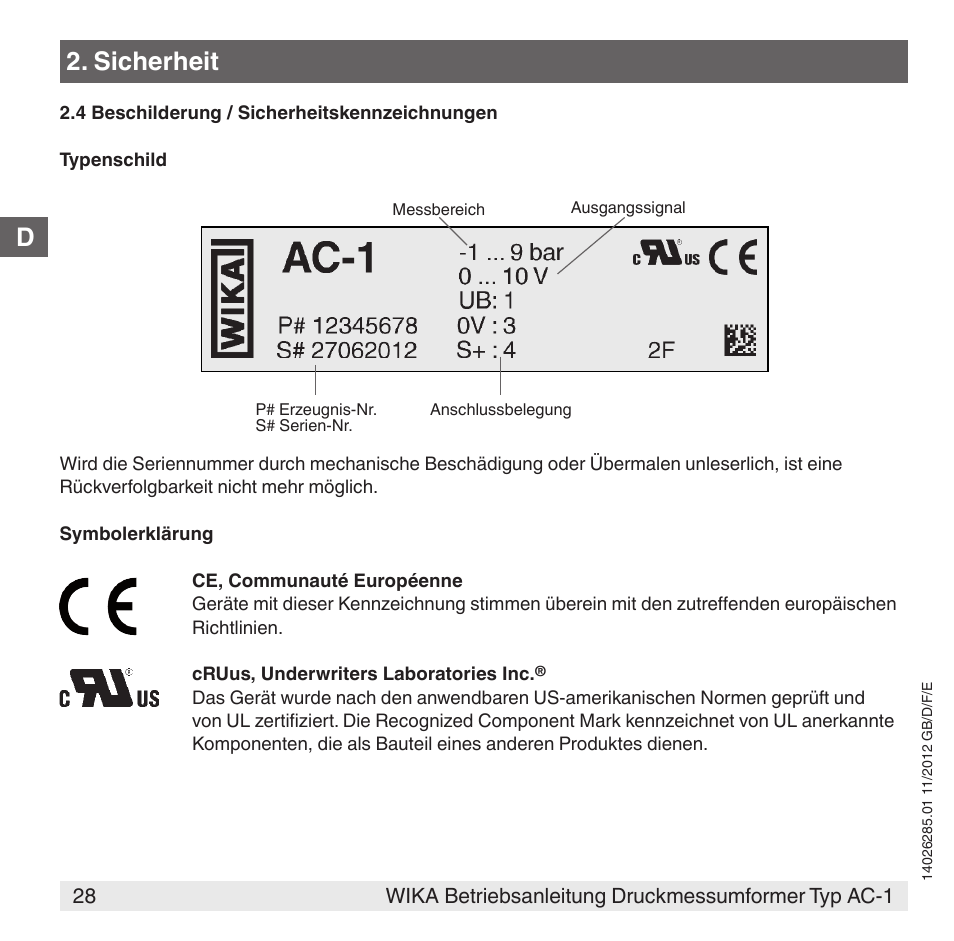 D2. sicherheit | WIKA AC-1 User Manual | Page 28 / 88