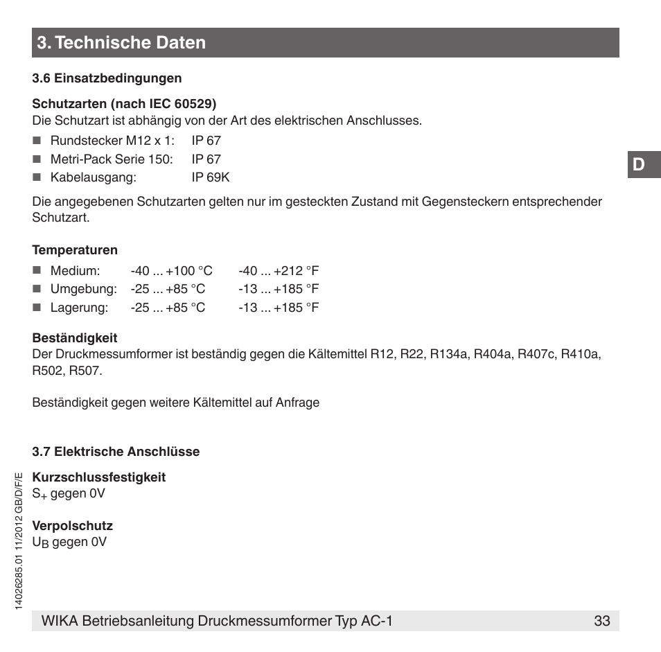 Technische daten | WIKA AC-1 User Manual | Page 33 / 88