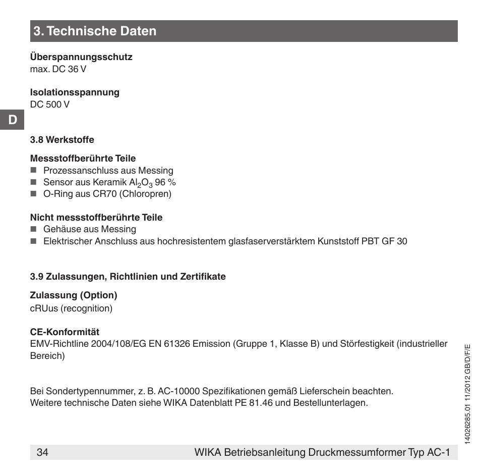 Technische daten | WIKA AC-1 User Manual | Page 34 / 88