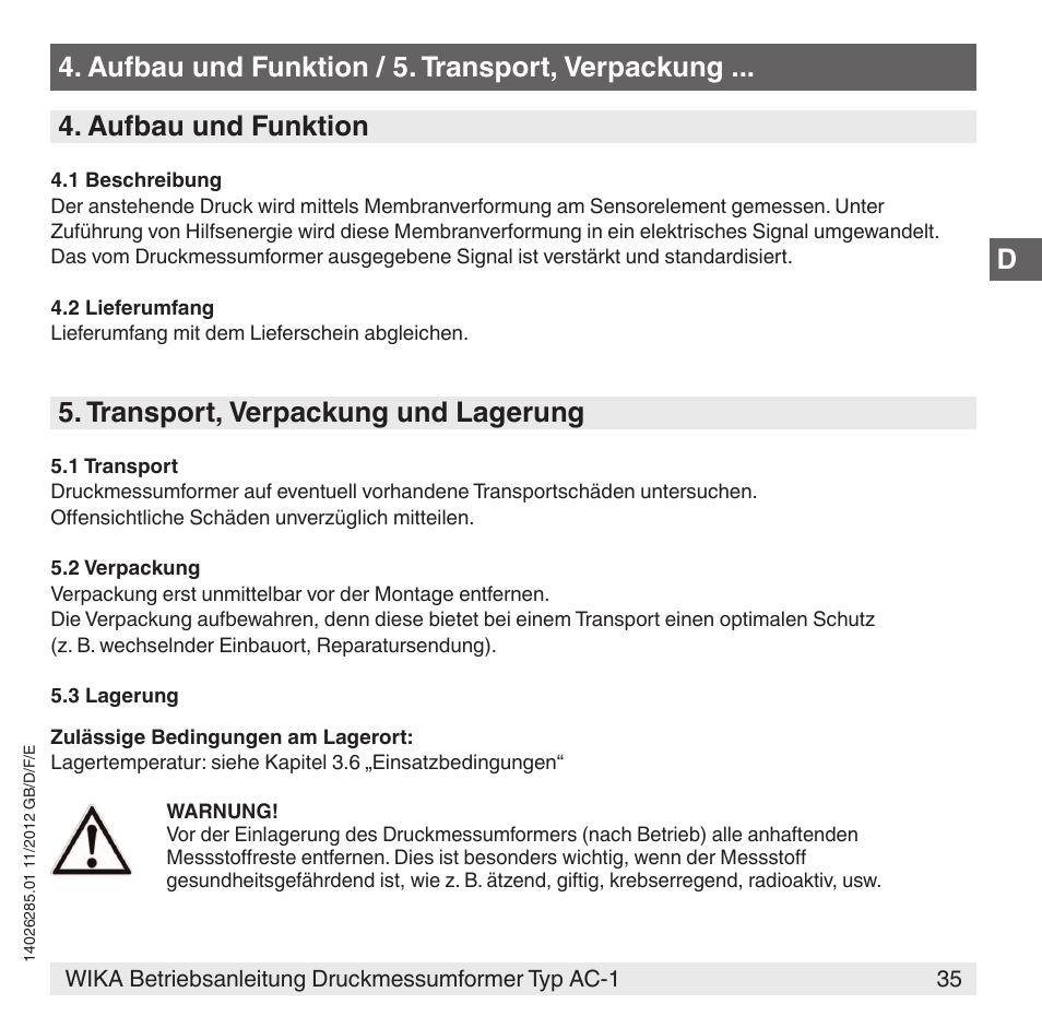 Transport, verpackung und lagerung | WIKA AC-1 User Manual | Page 35 / 88