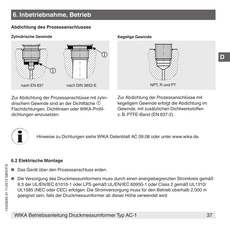 Inbetriebnahme, betrieb | WIKA AC-1 User Manual | Page 37 / 88