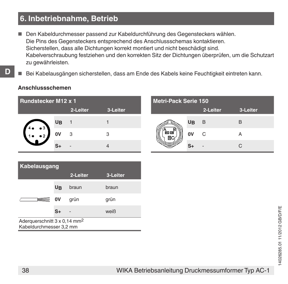 D6. inbetriebnahme, betrieb | WIKA AC-1 User Manual | Page 38 / 88