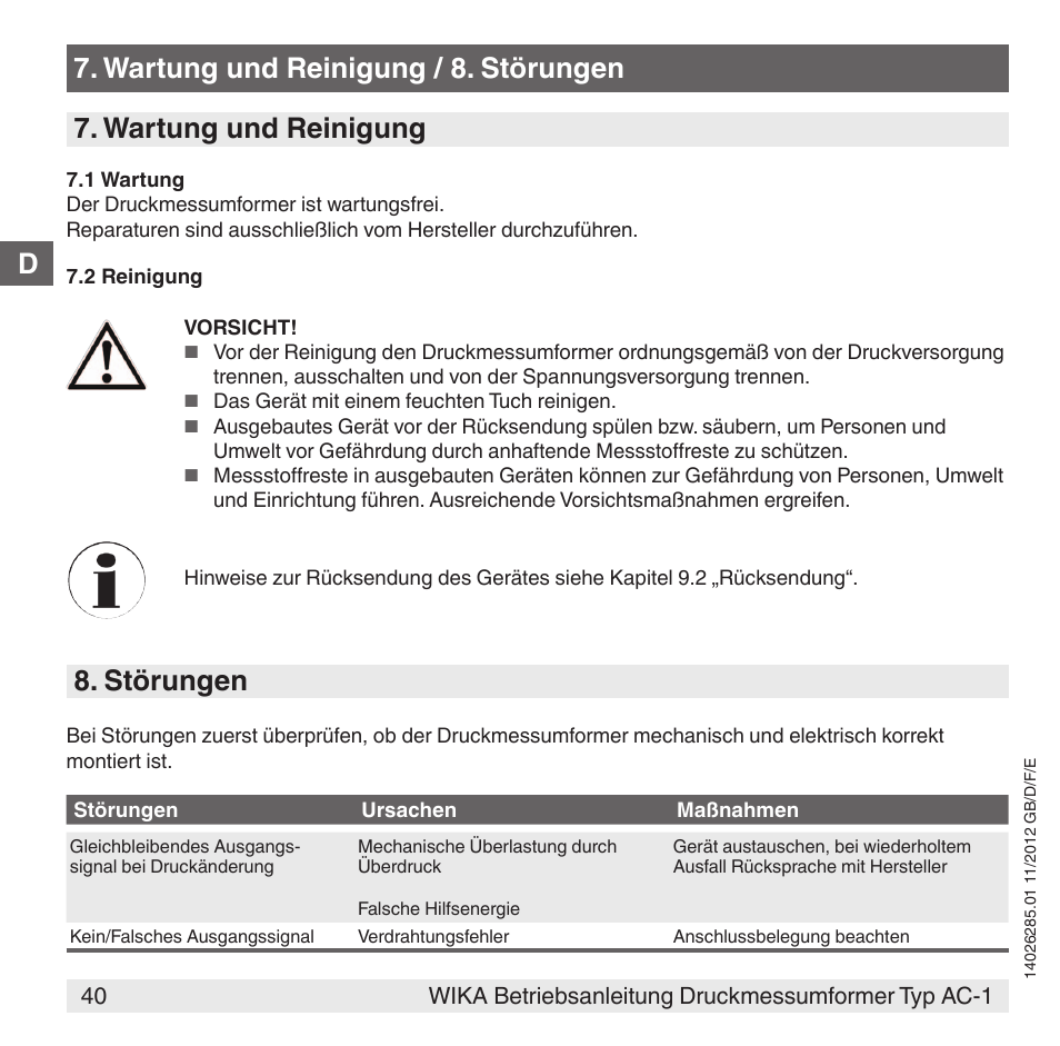 Störungen | WIKA AC-1 User Manual | Page 40 / 88