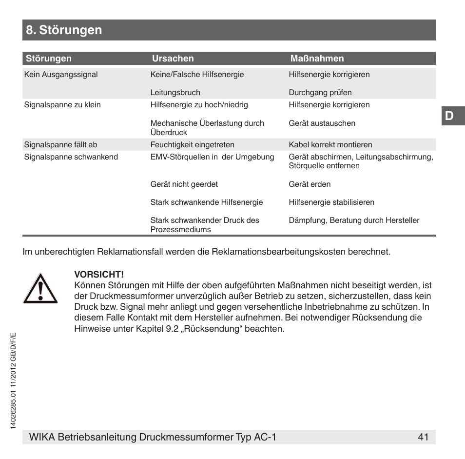 Störungen | WIKA AC-1 User Manual | Page 41 / 88