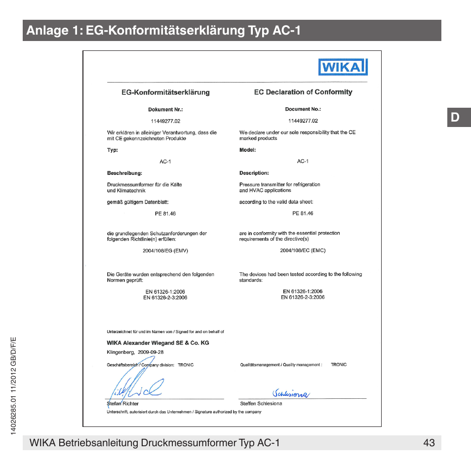 Anlage 1: eg-konformitätserklärung typ ac-1 | WIKA AC-1 User Manual | Page 43 / 88