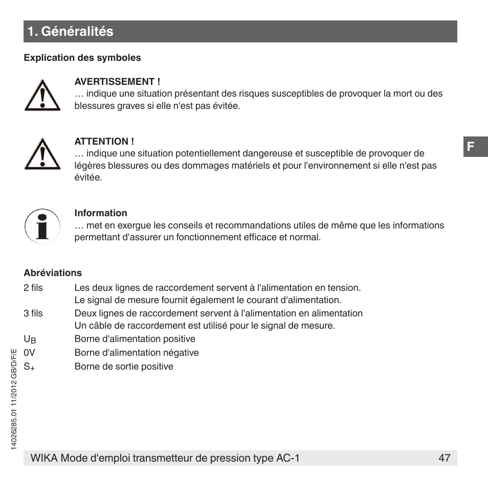 Généralités | WIKA AC-1 User Manual | Page 47 / 88