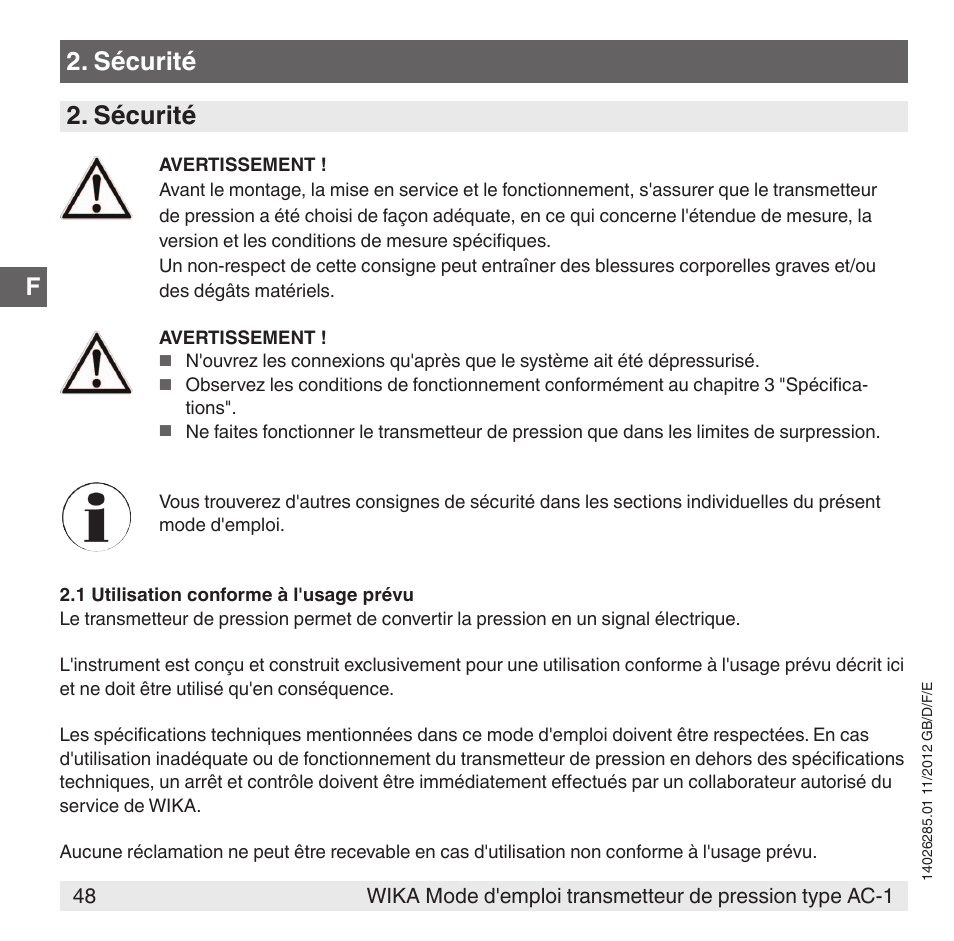 Sécurité | WIKA AC-1 User Manual | Page 48 / 88