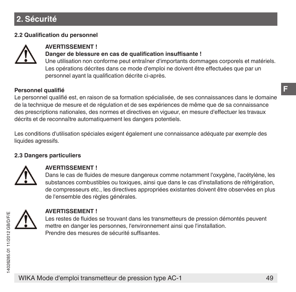 Sécurité | WIKA AC-1 User Manual | Page 49 / 88