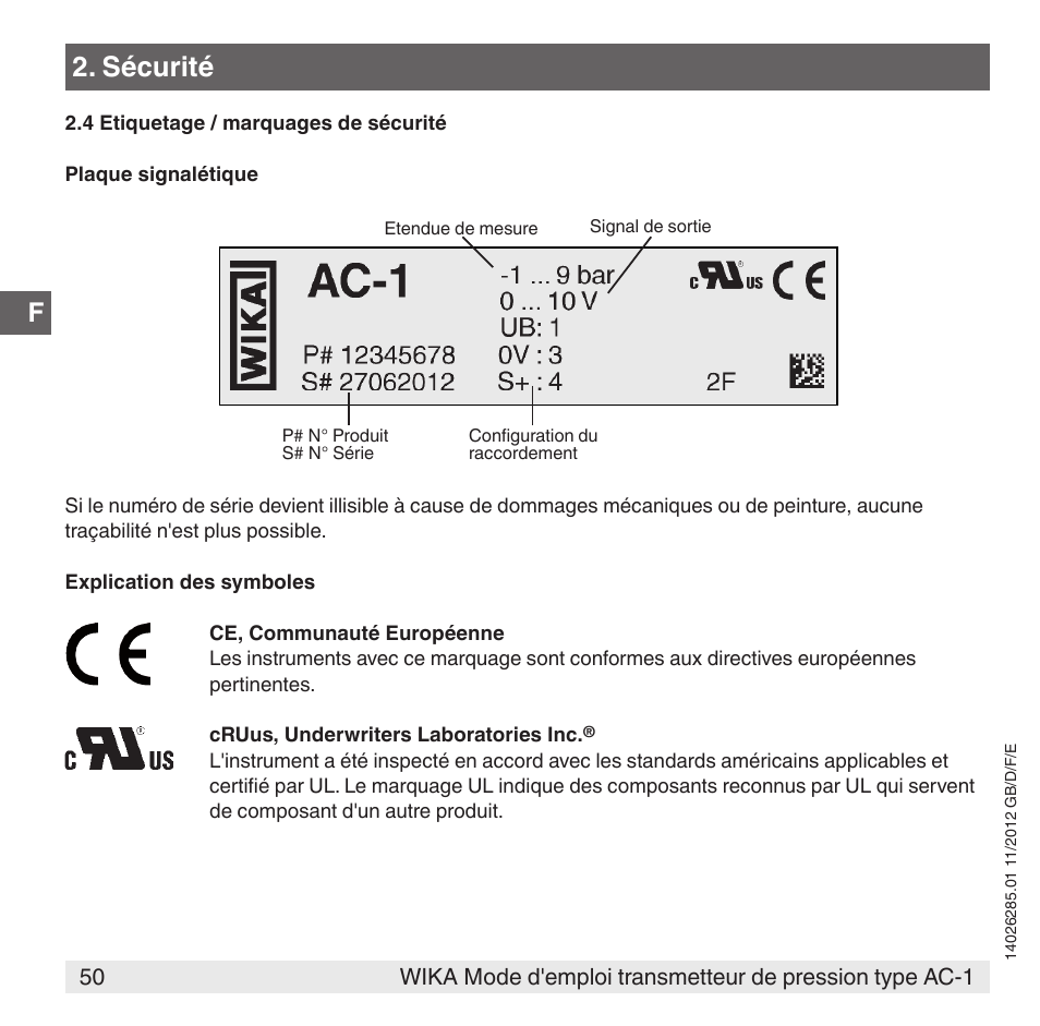 Sécurité | WIKA AC-1 User Manual | Page 50 / 88