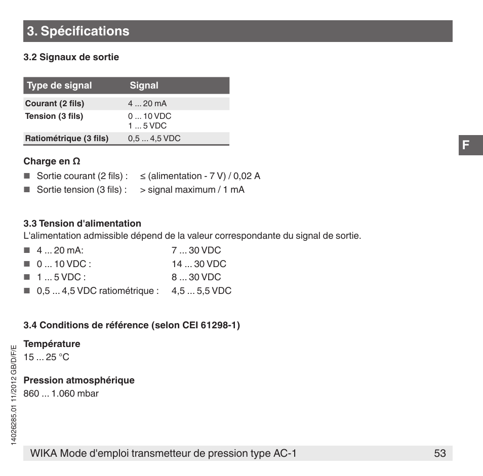 Spécifications | WIKA AC-1 User Manual | Page 53 / 88