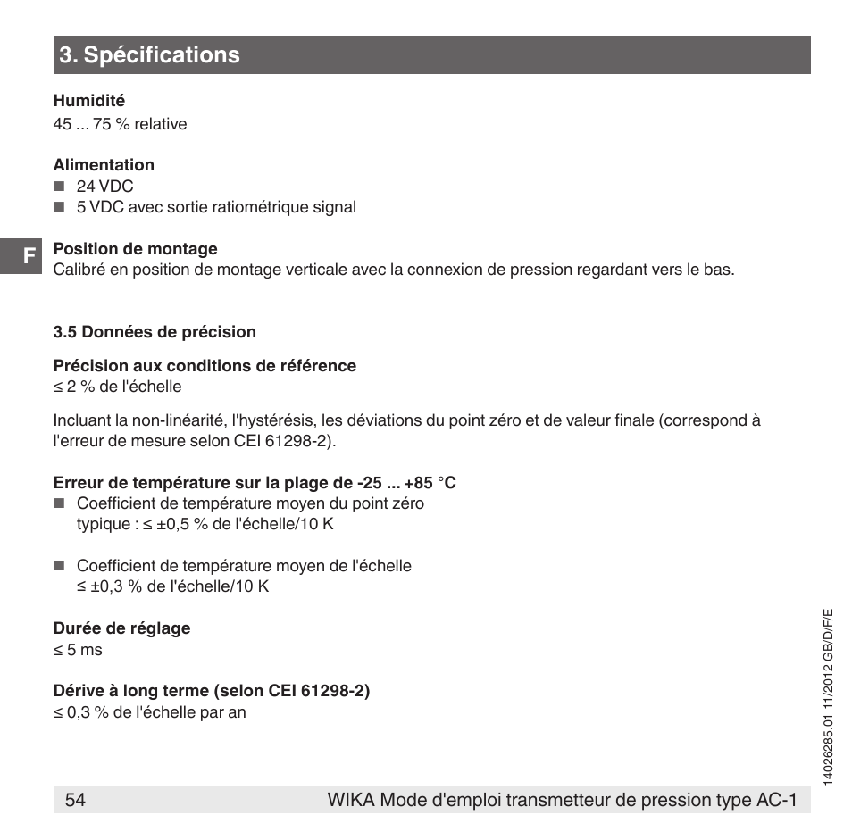 Spécifications | WIKA AC-1 User Manual | Page 54 / 88
