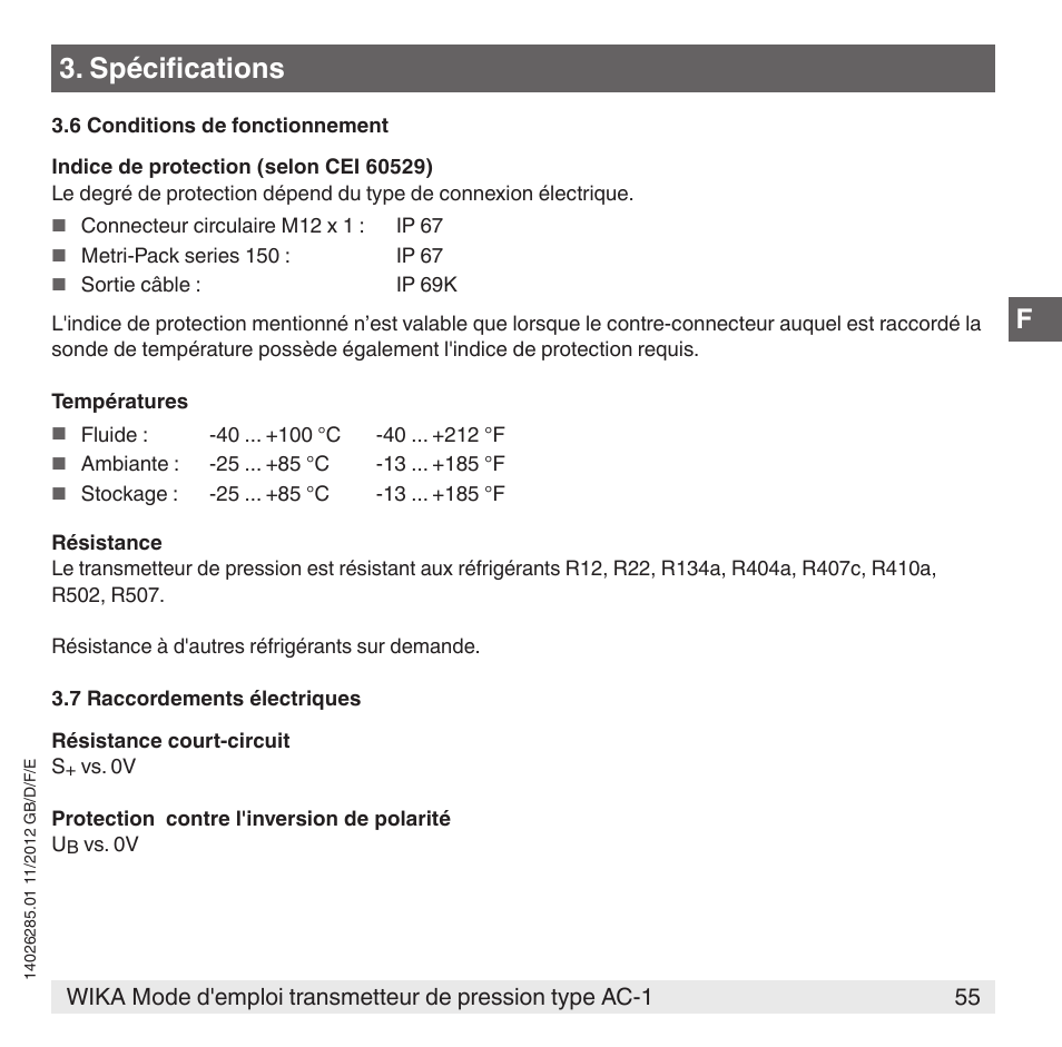 Spécifications | WIKA AC-1 User Manual | Page 55 / 88