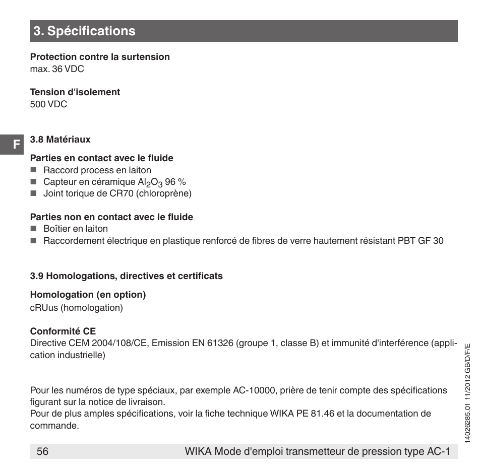 Spécifications | WIKA AC-1 User Manual | Page 56 / 88