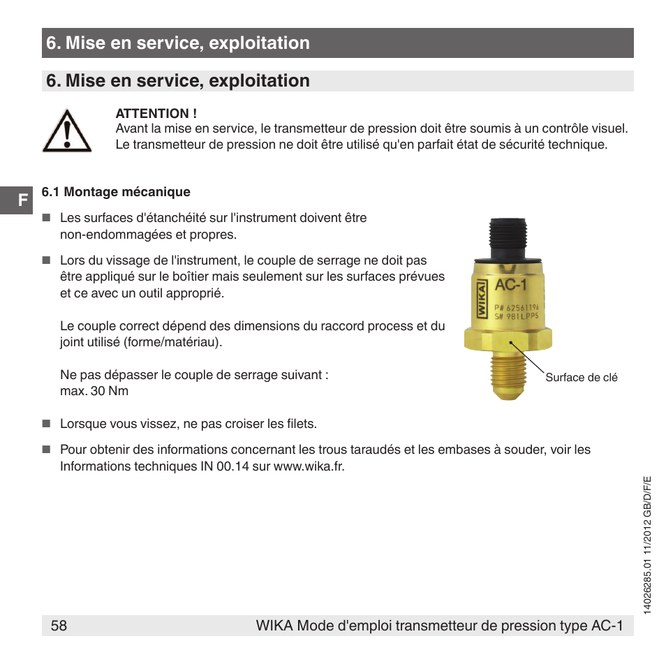 Mise en service, exploitation | WIKA AC-1 User Manual | Page 58 / 88