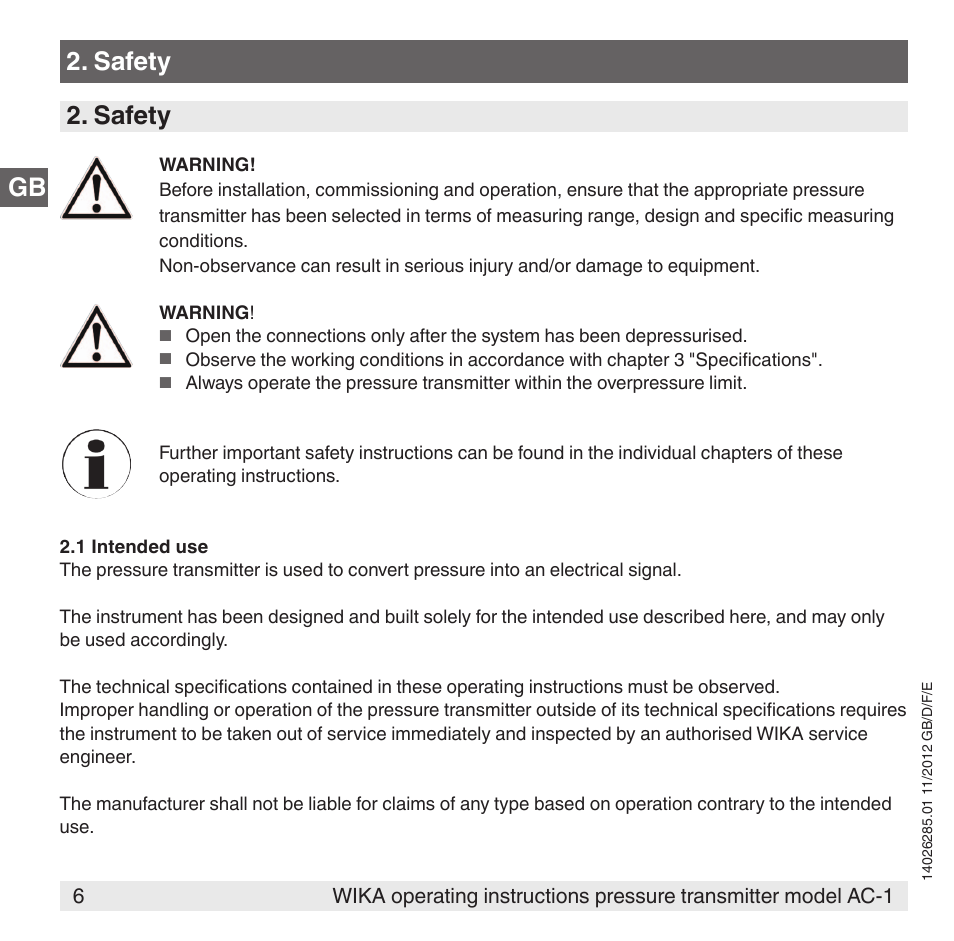 Gb 2. safety 2. safety | WIKA AC-1 User Manual | Page 6 / 88