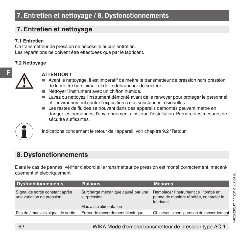 Dysfonctionnements | WIKA AC-1 User Manual | Page 62 / 88