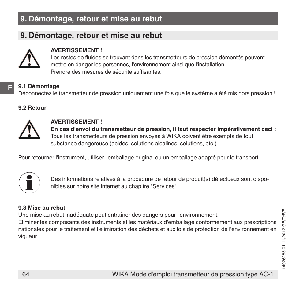 Démontage, retour et mise au rebut | WIKA AC-1 User Manual | Page 64 / 88